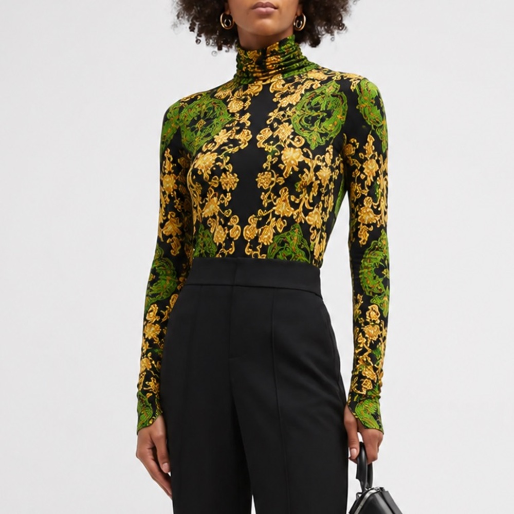 Alice + Olivia Green and Gold Baroque Long-Sleeve Top